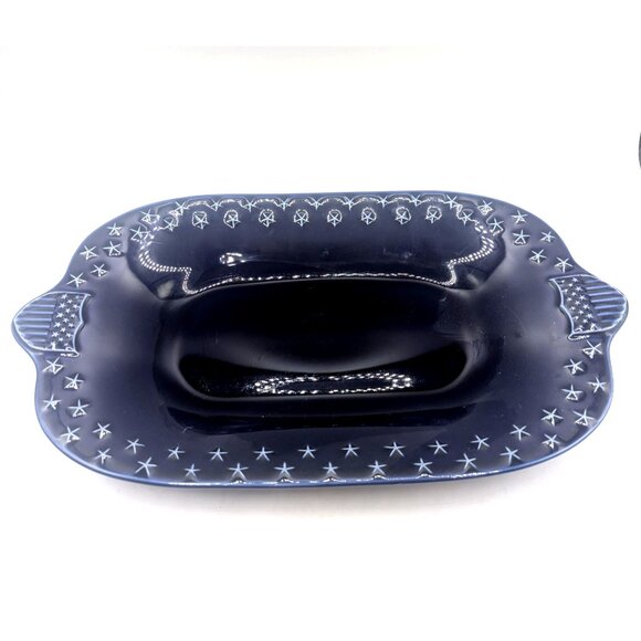 Longaberger Pottery-Retired-Proudly American Blue Stars Shields-Serving Dish - Picture 8 of 9